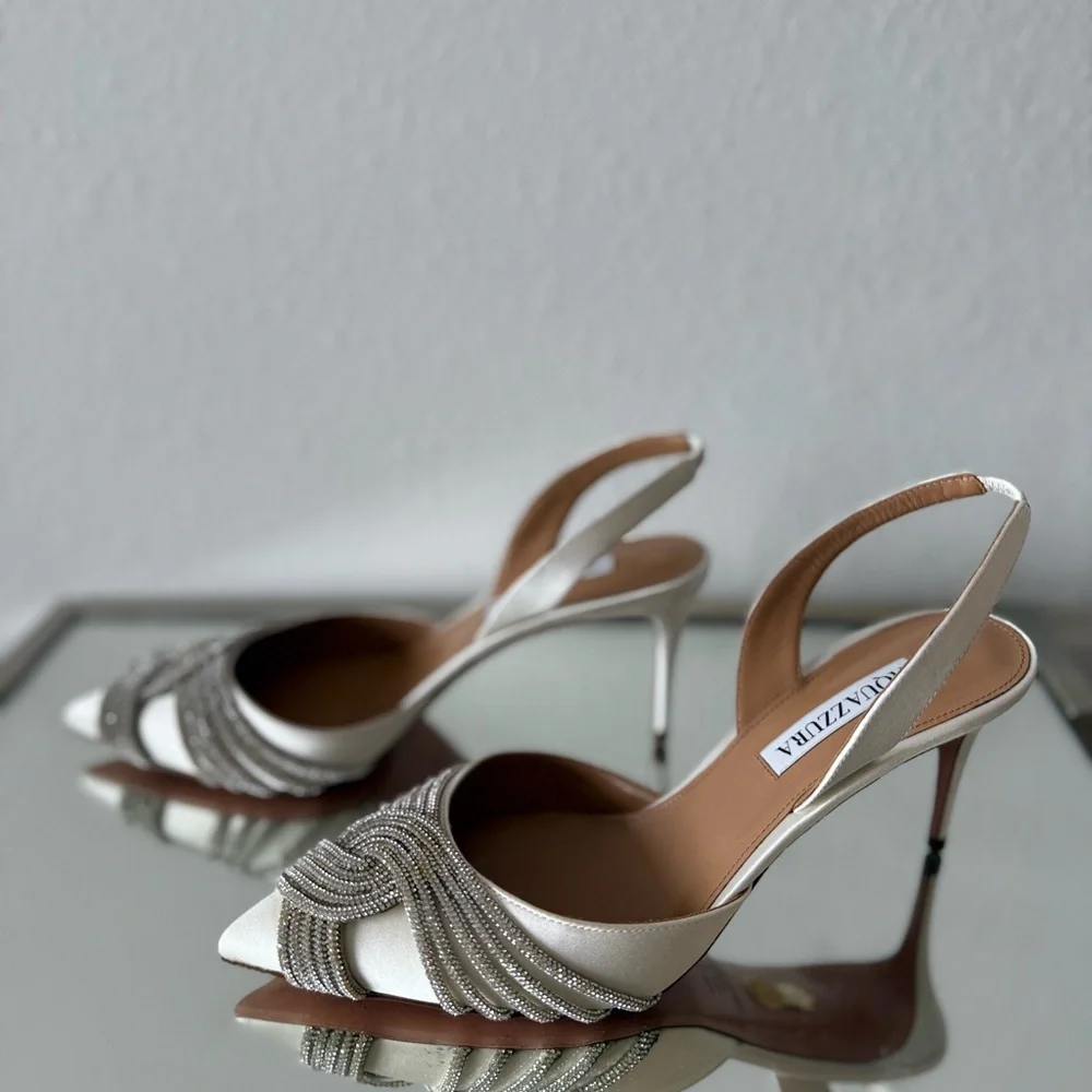 Worn once AQUAZZURA Gatsby 75 crystal-embellished satin slingback pumps - Picture 11 of 16